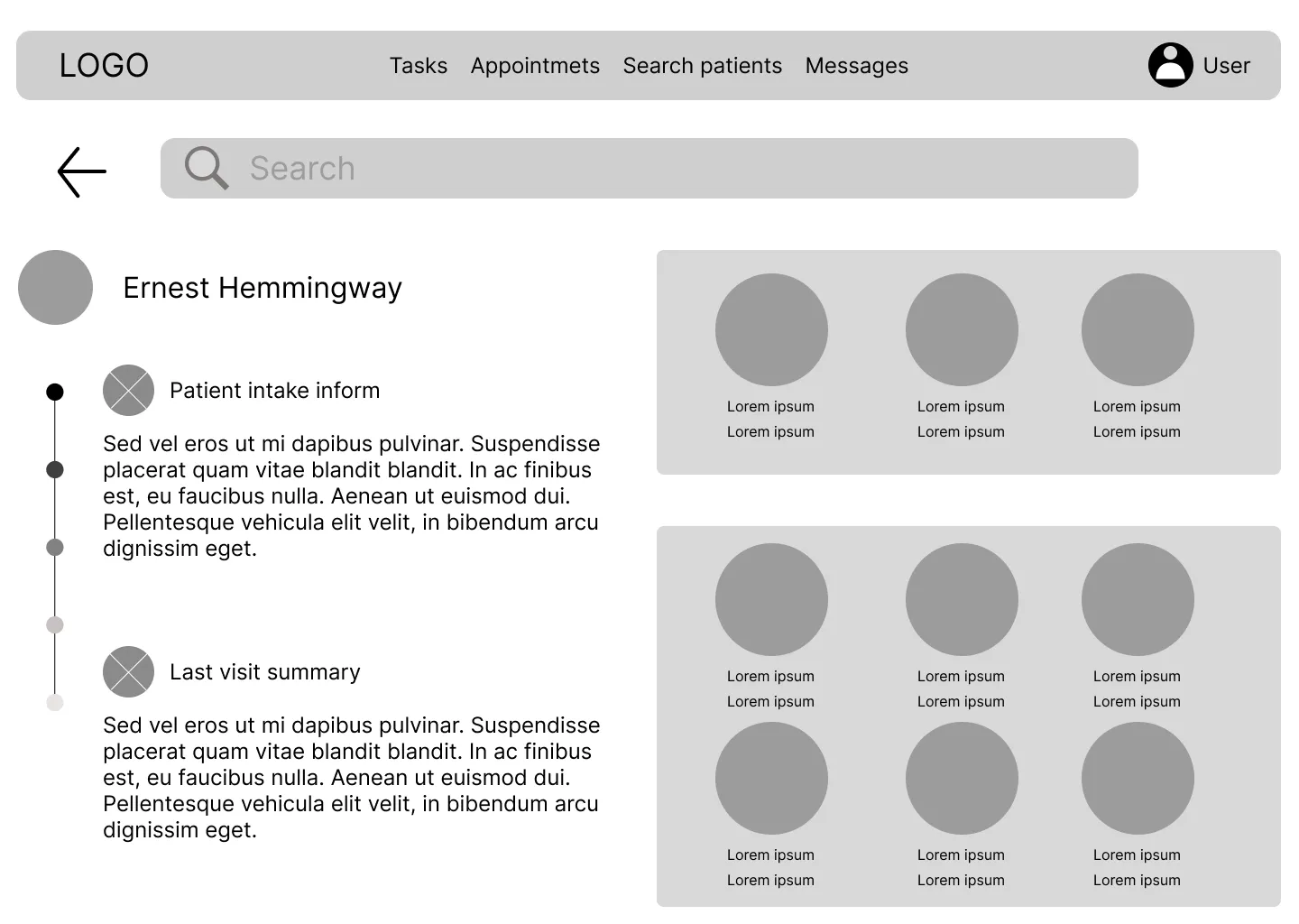 Patient dashboard wireframe